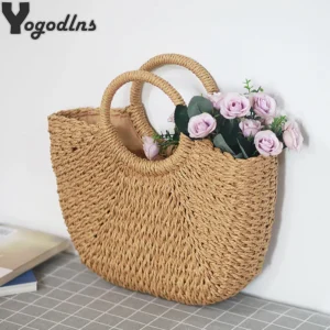 Summer Handmade Bags for Women Beach Weaving Ladies Straw Bag Wrapped Beach Bag Moon shaped Top Handle Handbags Totes